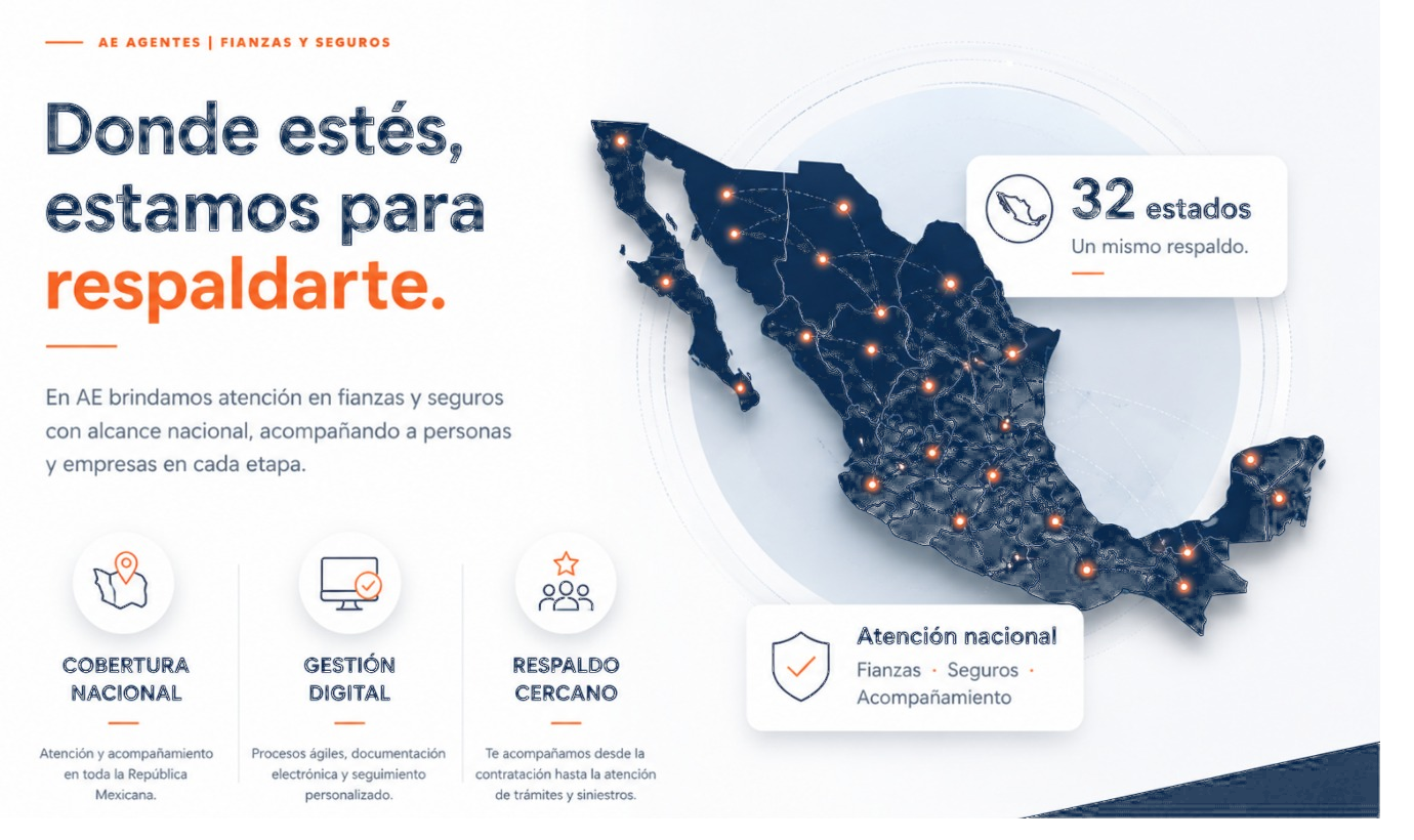 Cobertura nacional de AE Agentes en los 32 estados de México, gestión digital y respaldo cercano